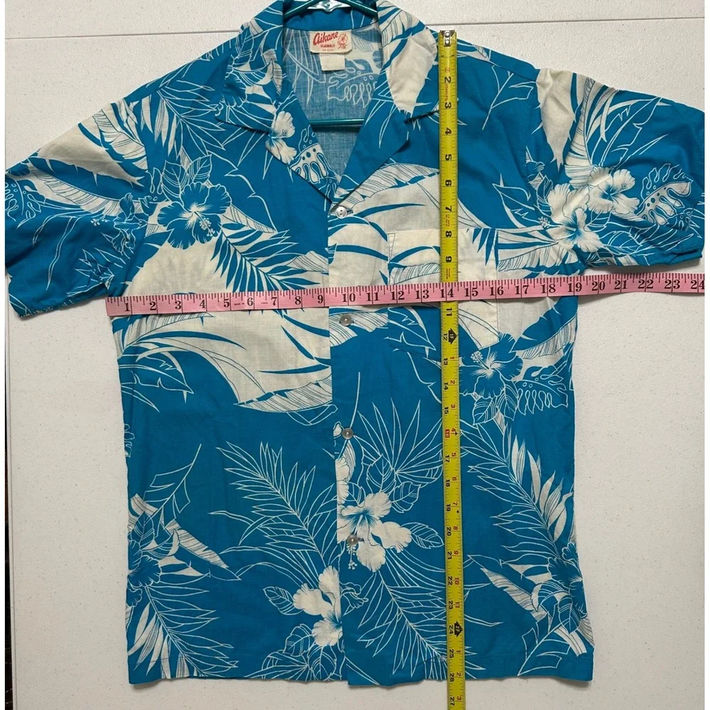 Aikane Hawaii Vintage Blue White Tropical Floral Short Sleeve Button Up Shirt‎ L